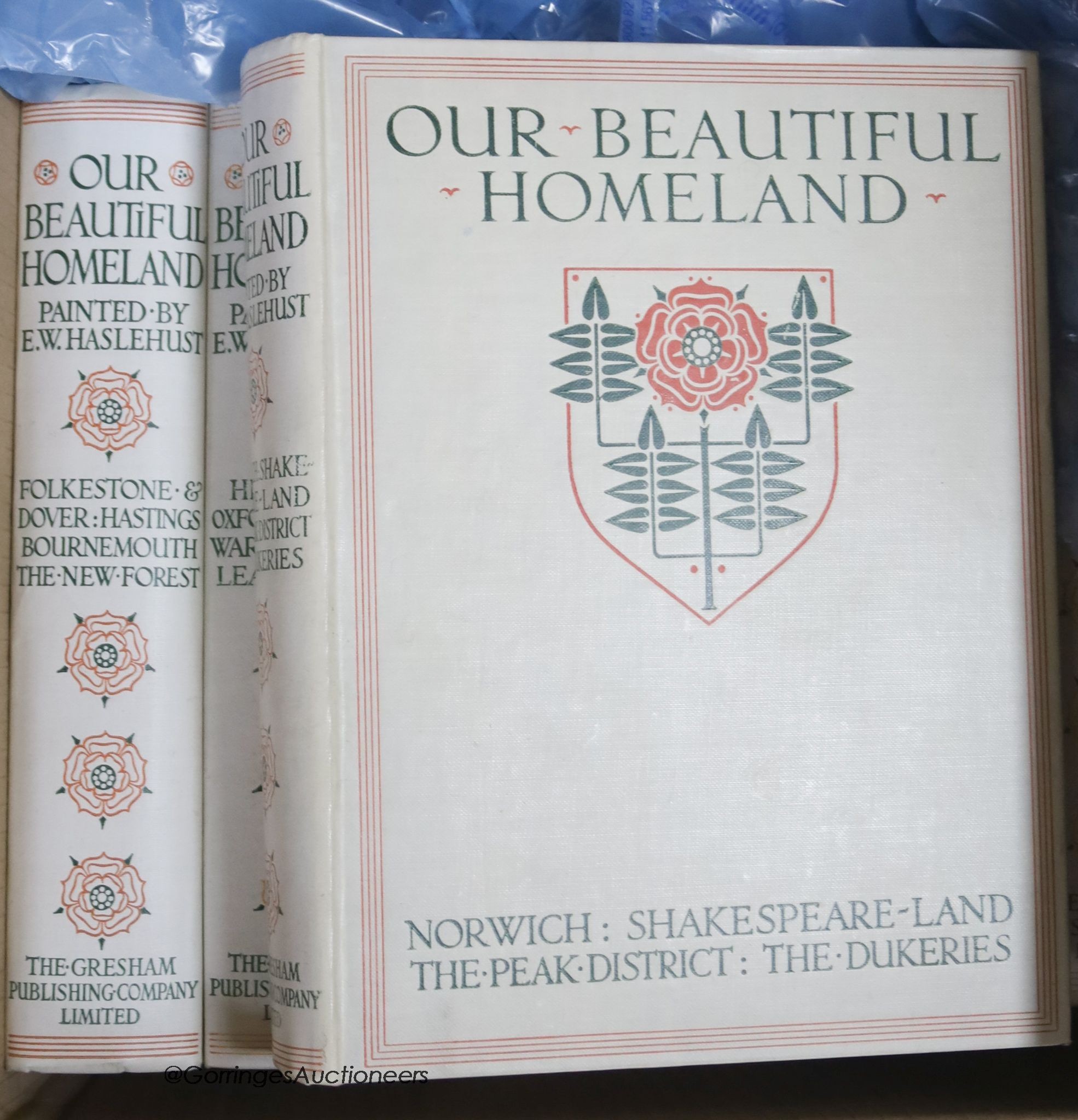 Haslehust (E. W. Illus.), Our Beautiful Homeland, Gresham Publishing Company Ltd, 7 vols, cream cloth with Tudor rose designs and 16 other books on English and Irish topography
